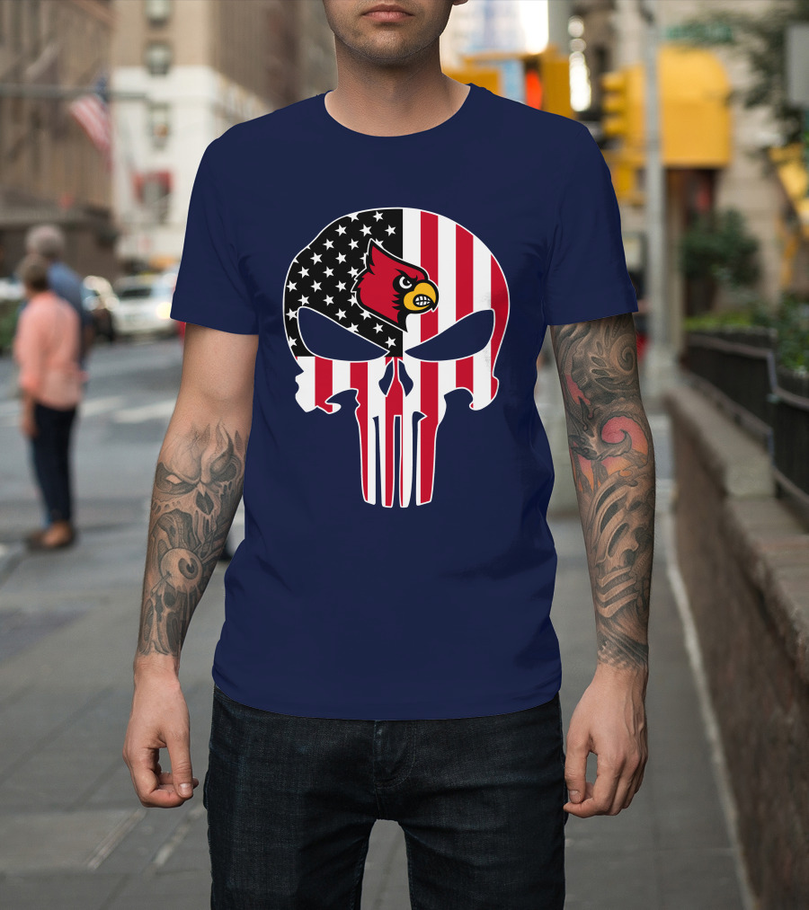 American Flag Punisher Skull Louisville Cardinals T-Shirt