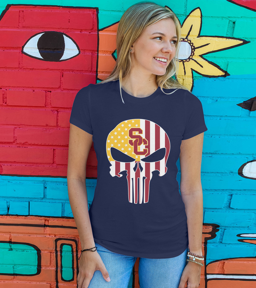 Usc Trojans Skull Punisher American Flag T-Shirt