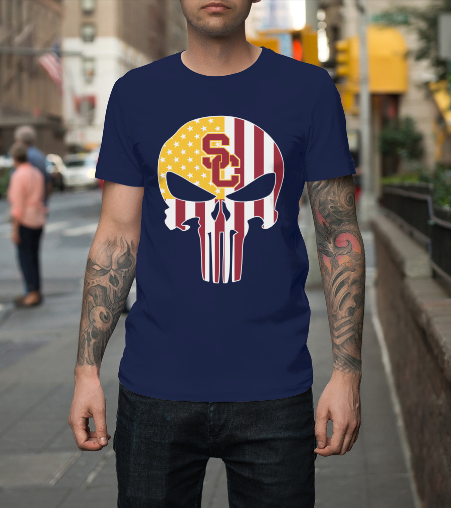 Usc Trojans Skull Punisher American Flag T-Shirt