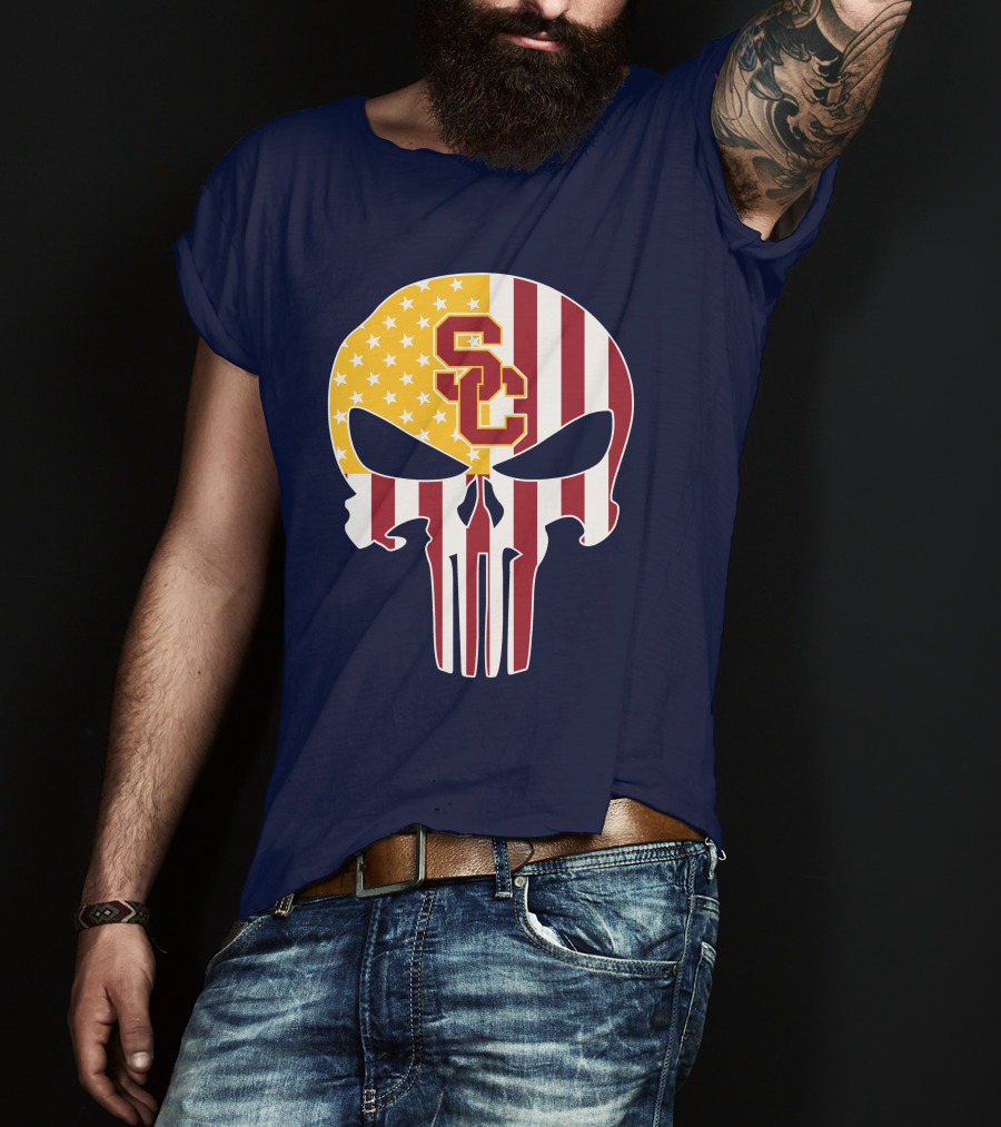 Usc Trojans Skull Punisher American Flag T-Shirt