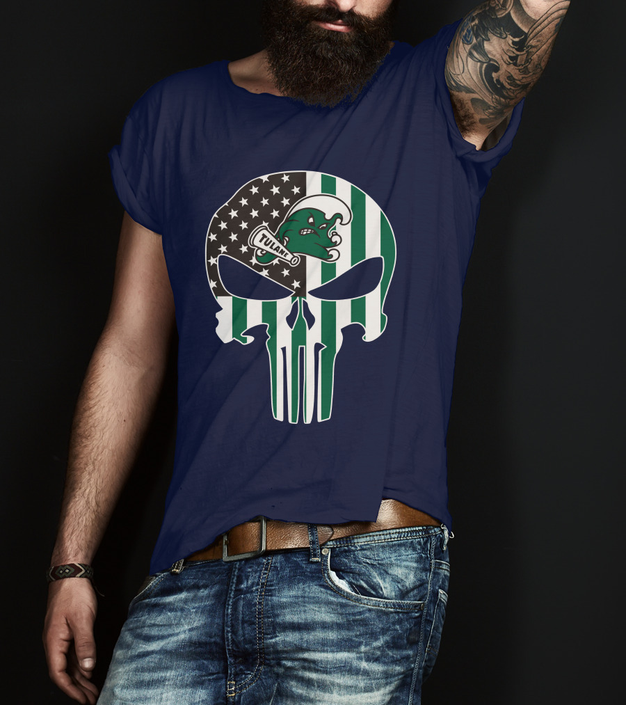 Tulane Green Wave 16 Punisher Flag Skull T-Shirt