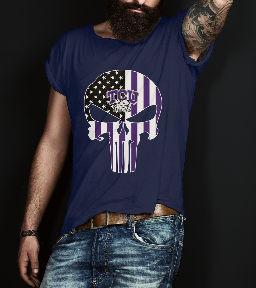 Tcu Horned Frogs Logo With American Flag Punisher Skull T-Shirt