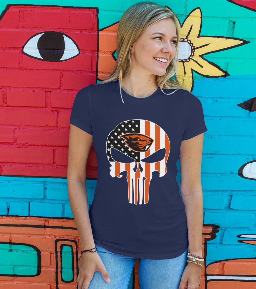 Oregon State Beavers American Flag Skull Logo Punisher 29 T-Shirt