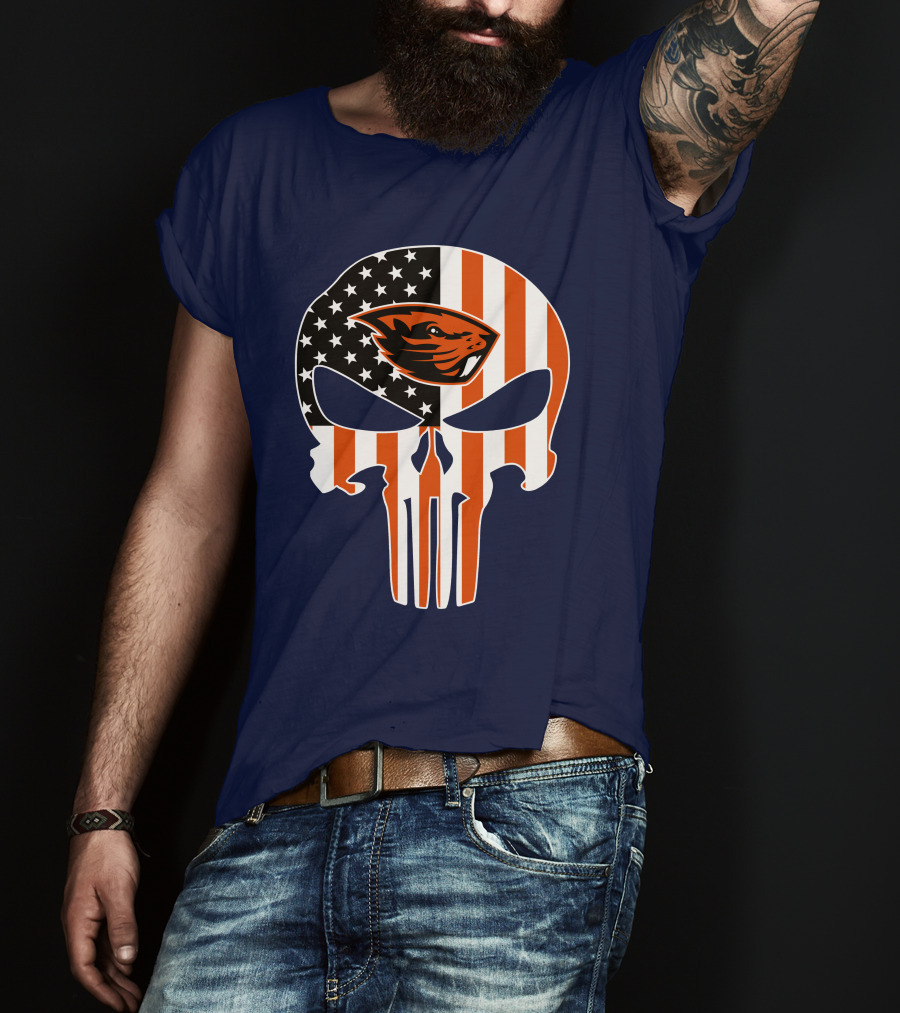Oregon State Beavers American Flag Skull Logo Punisher 29 T-Shirt