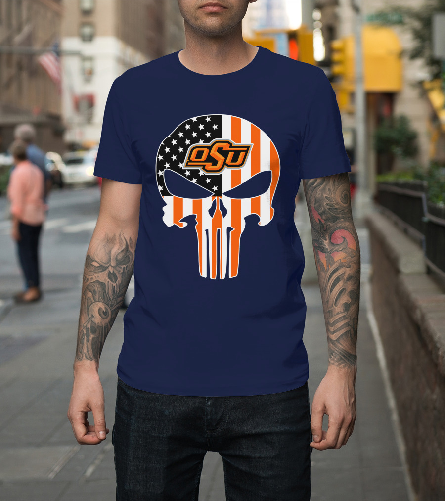 Oklahoma State Cowboys 32 Punisher Skull Osu American Flag T-Shirt
