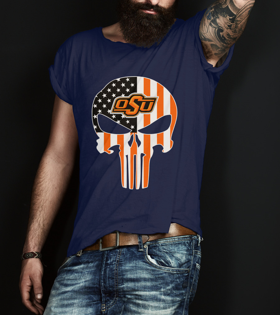 Oklahoma State Cowboys 32 Punisher Skull Osu American Flag T-Shirt
