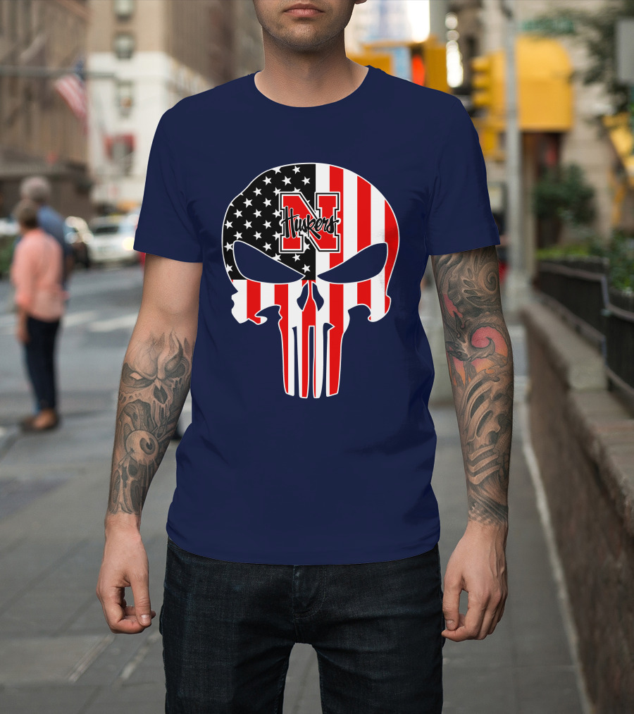 Nebraska Cornhuskers Punisher Skull American Flag T-Shirt