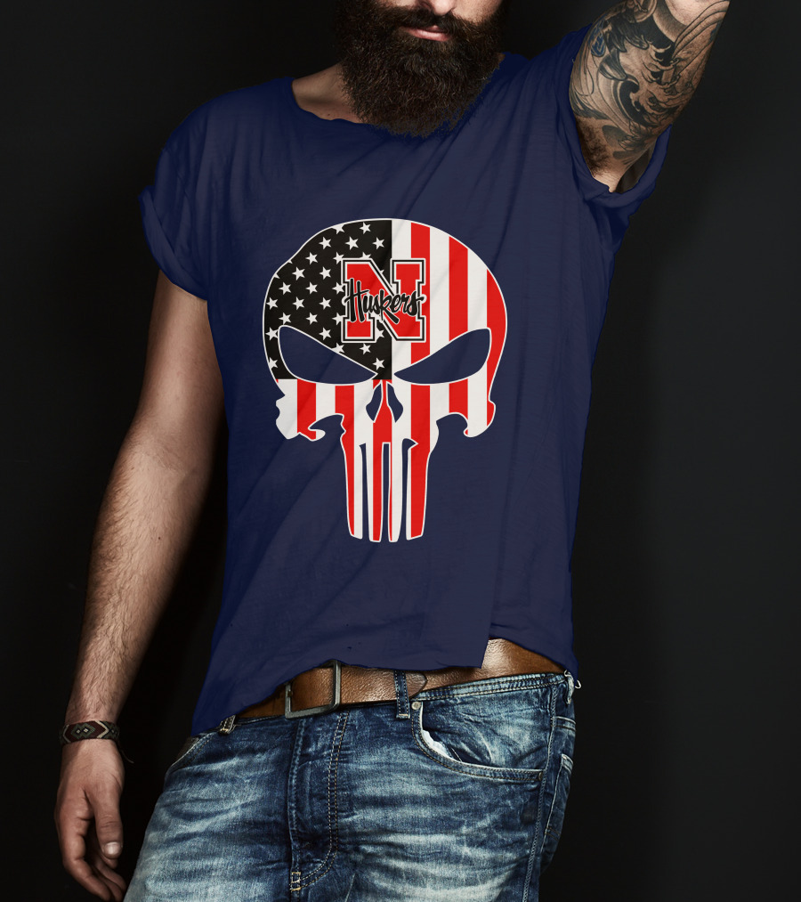 Nebraska Cornhuskers Punisher Skull American Flag T-Shirt