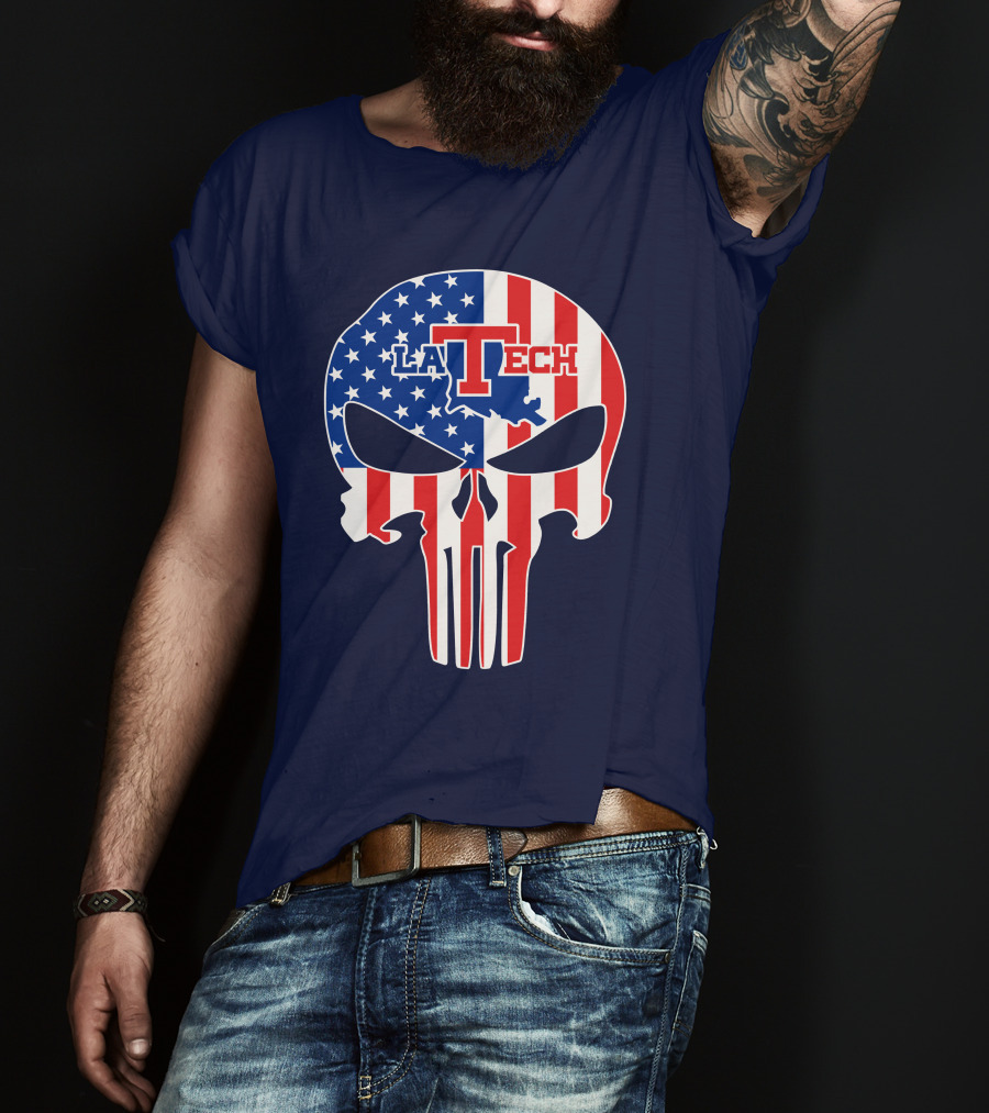 Louisiana Tech Bulldogs La Tech Skull American Flag Punisher T-Shirt