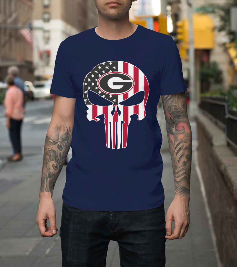 Georgia Bulldogs Punisher Skull American Flag 52 T-Shirt