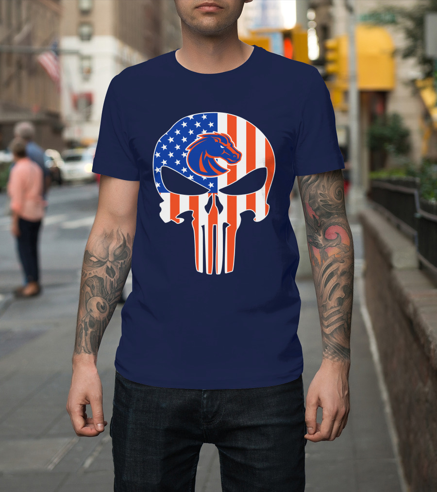 Boise State Broncos The Punisher American Flag Skull T-Shirt