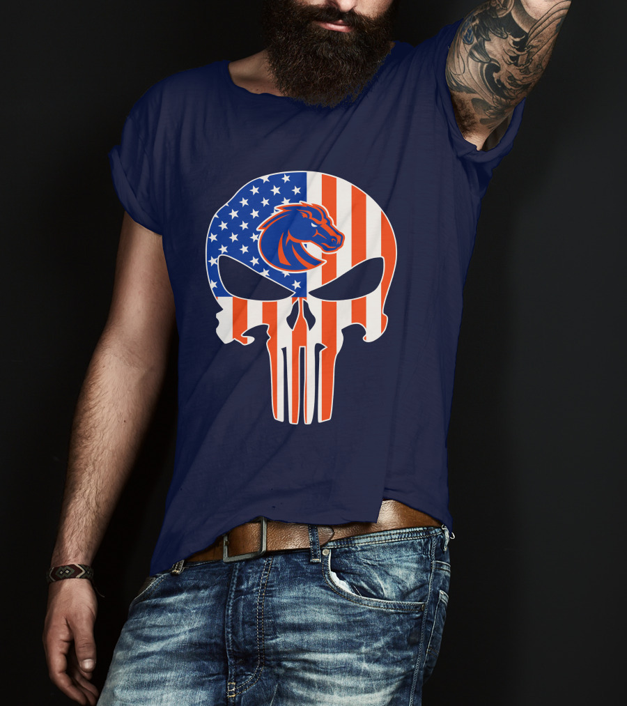 Boise State Broncos The Punisher American Flag Skull T-Shirt