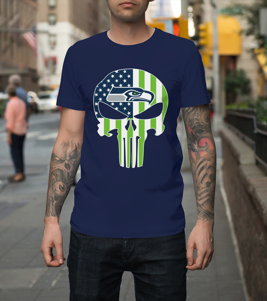 Seattle Seahawks The Punisher Skull American Flag T-Shirt