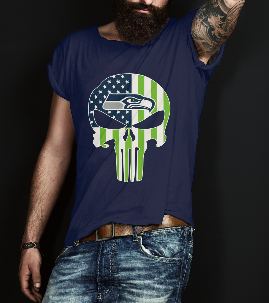 Seattle Seahawks The Punisher Skull American Flag T-Shirt