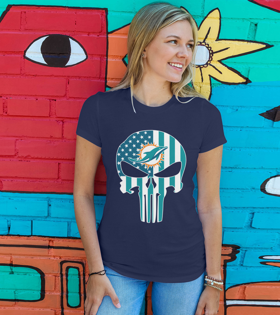 Miami Dolphins The Punisher American Flag Skulls T-Shirt