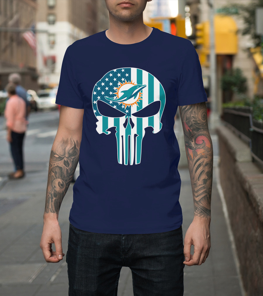 Miami Dolphins The Punisher American Flag Skulls T-Shirt