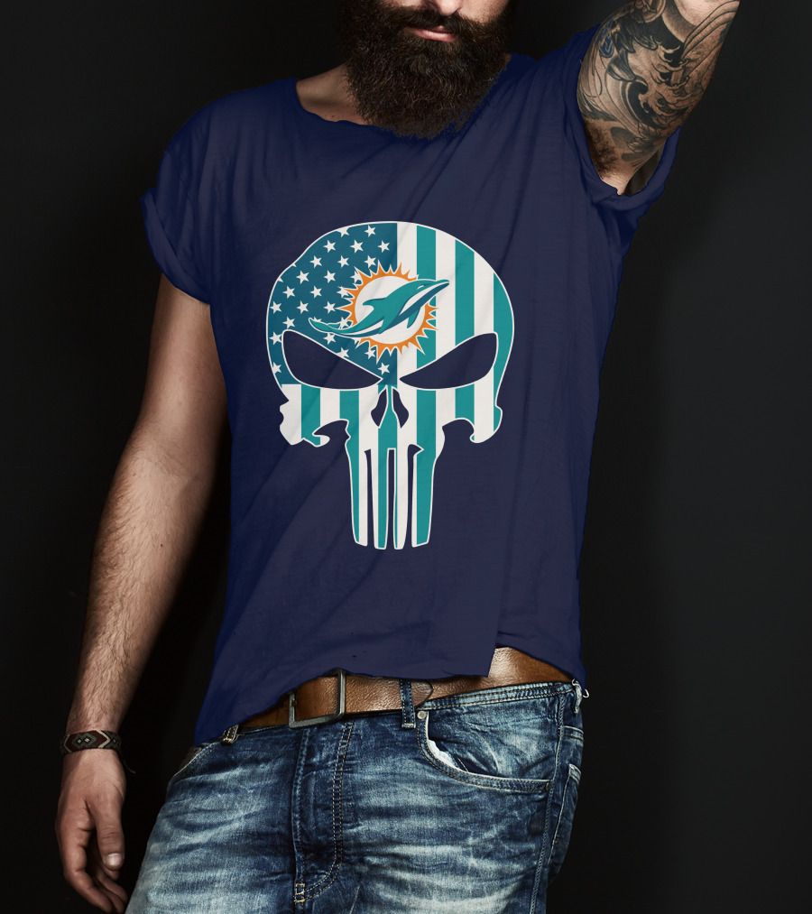 Miami Dolphins The Punisher American Flag Skulls T-Shirt