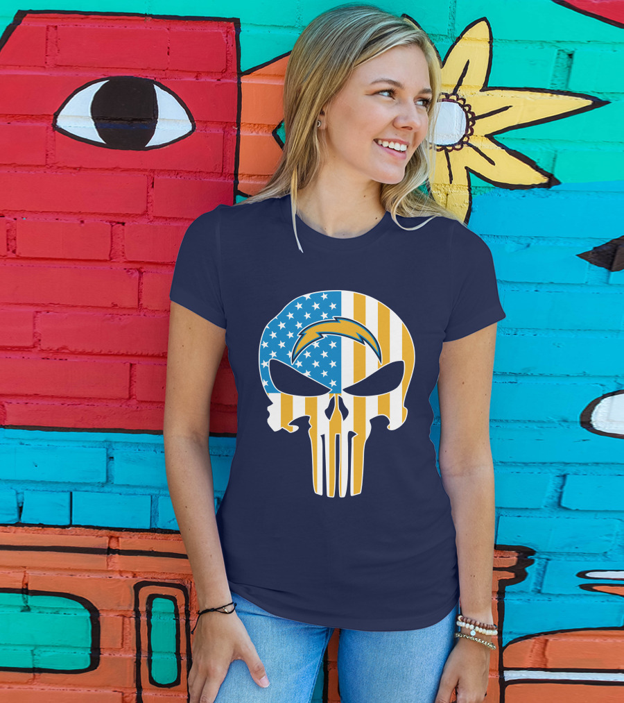Los Angeles Chargers Skull Punisher American Flag T-Shirt