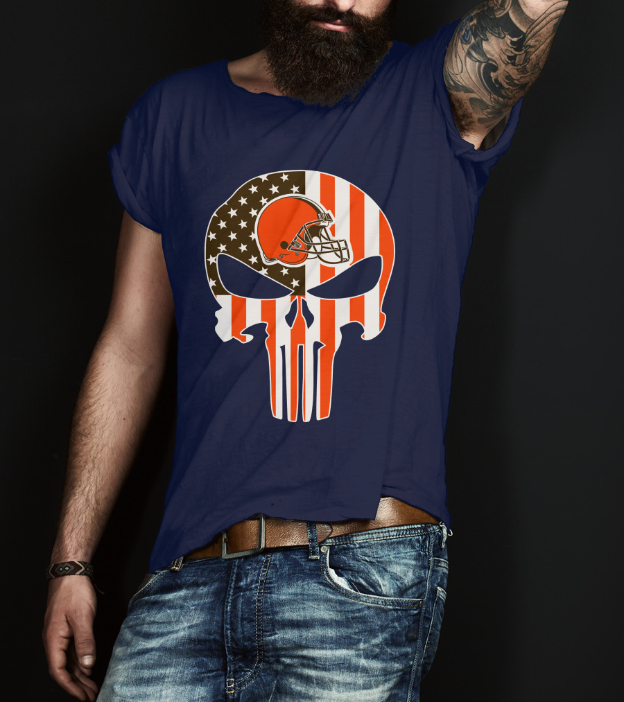 Cleveland Browns The Punisher American Flag Helmet Skull T-Shirt