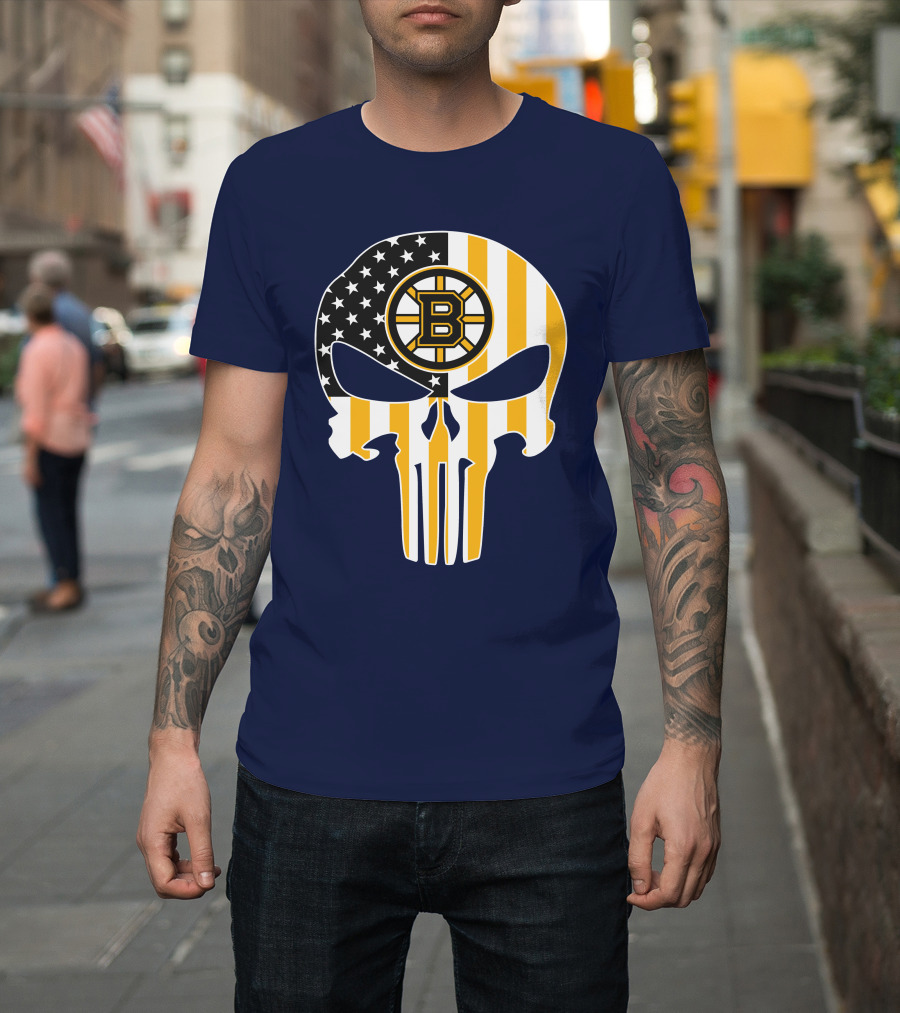 Boston Bruins The Punisher American Flag Skull T-Shirt