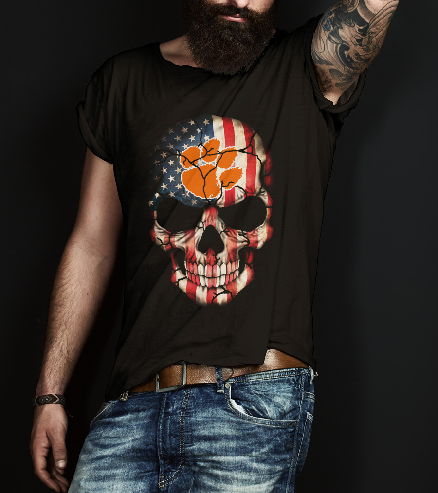 Clemson Tigers Skull American Flag Paw Print T-Shirt