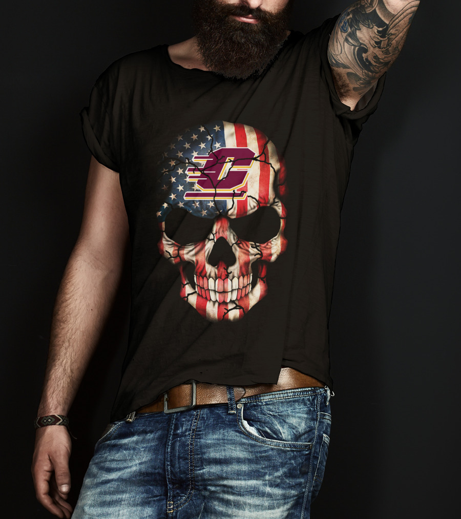 American Flag Skull With Central Michigan Chippewas T-Shirt