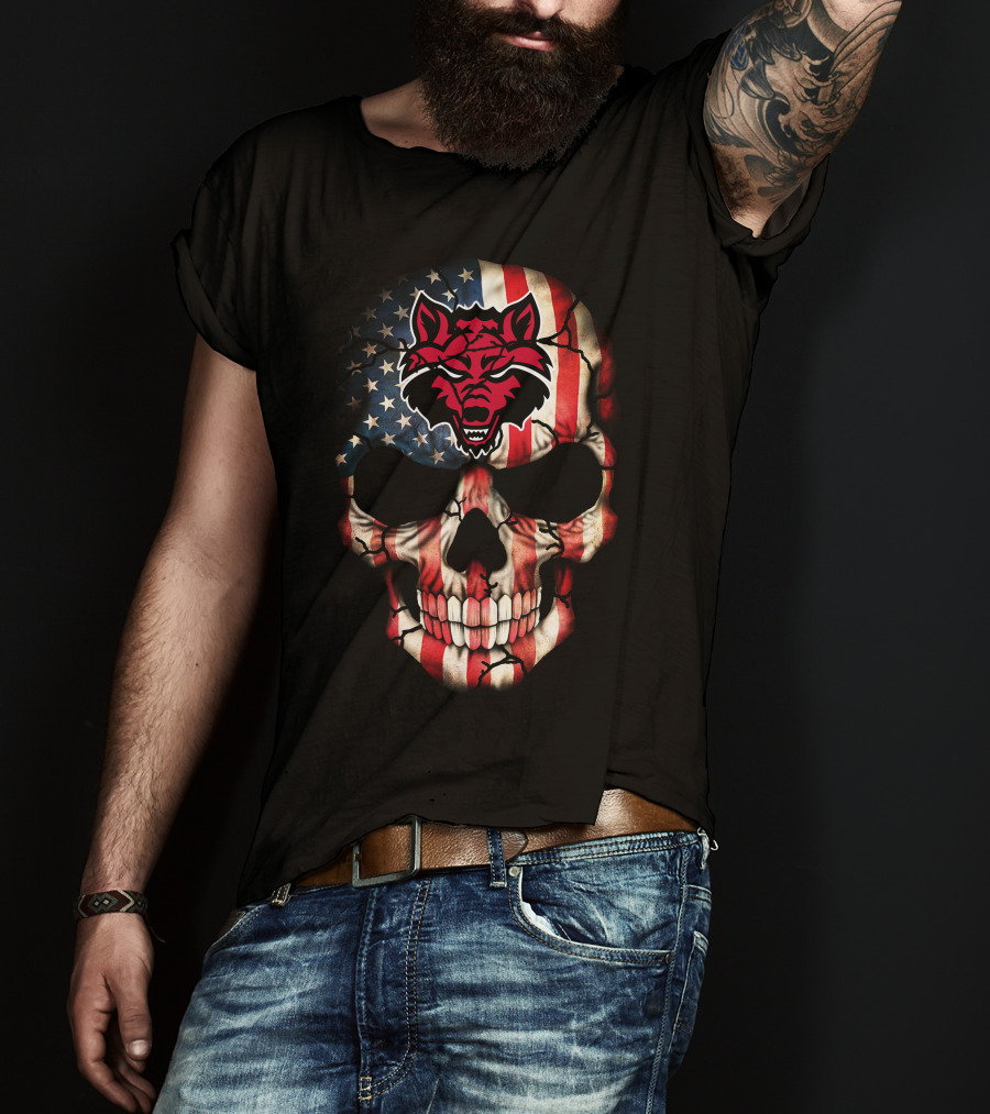 Arkansas State Red Wolves American Flag Skull T-Shirt