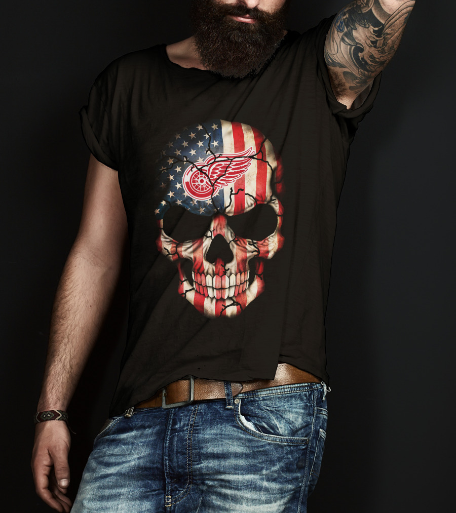 Detroit Red Wings American Flag Skull T-Shirt