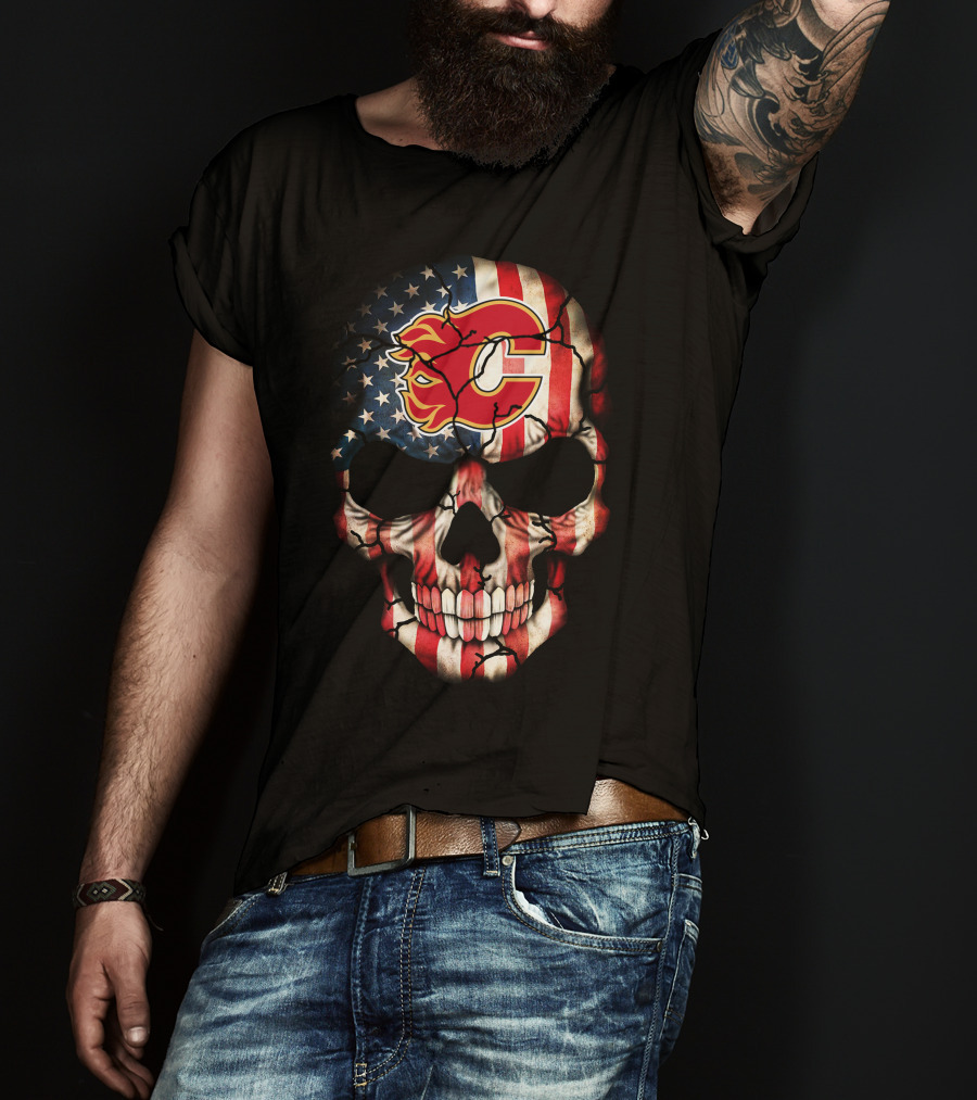 Calgary Flames Skull With American Flag T-Shirt