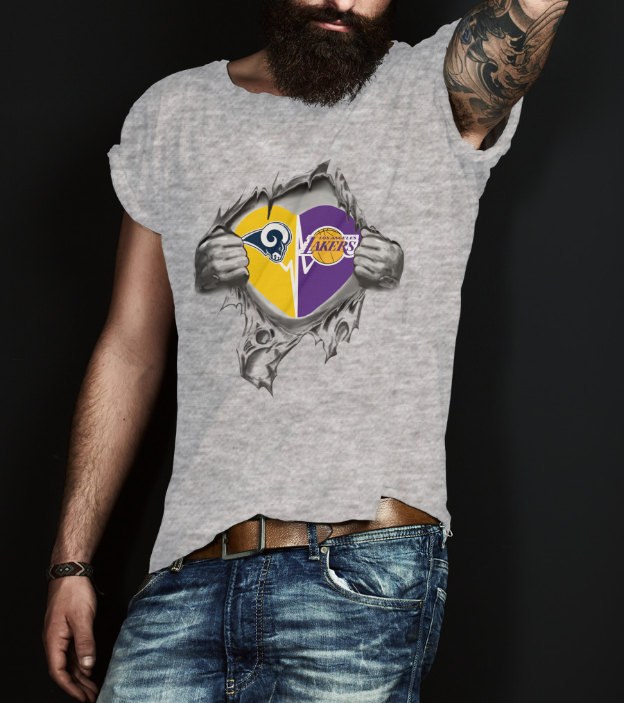 Lakers Rams Heart Logo Design With Emerging Hands T-Shirt
