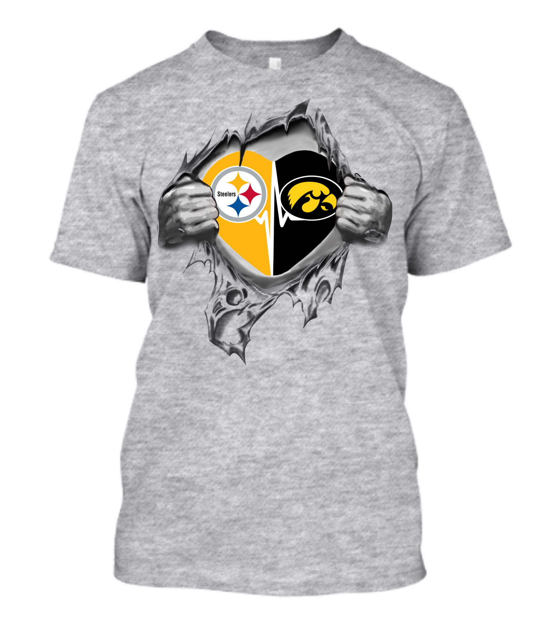 Steelers Iowa Hawkeyes Heart Design With Torn Fabric Effect T-Shirt