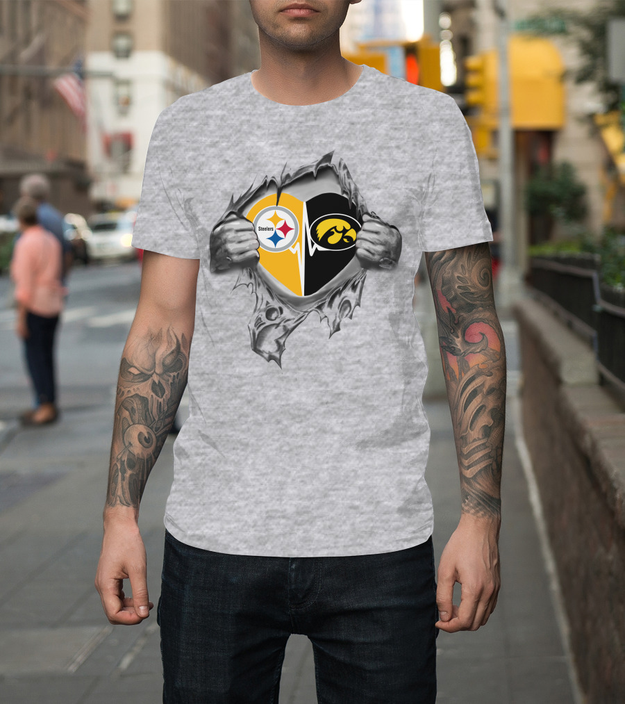 Steelers Iowa Hawkeyes Heart Design With Torn Fabric Effect T-Shirt