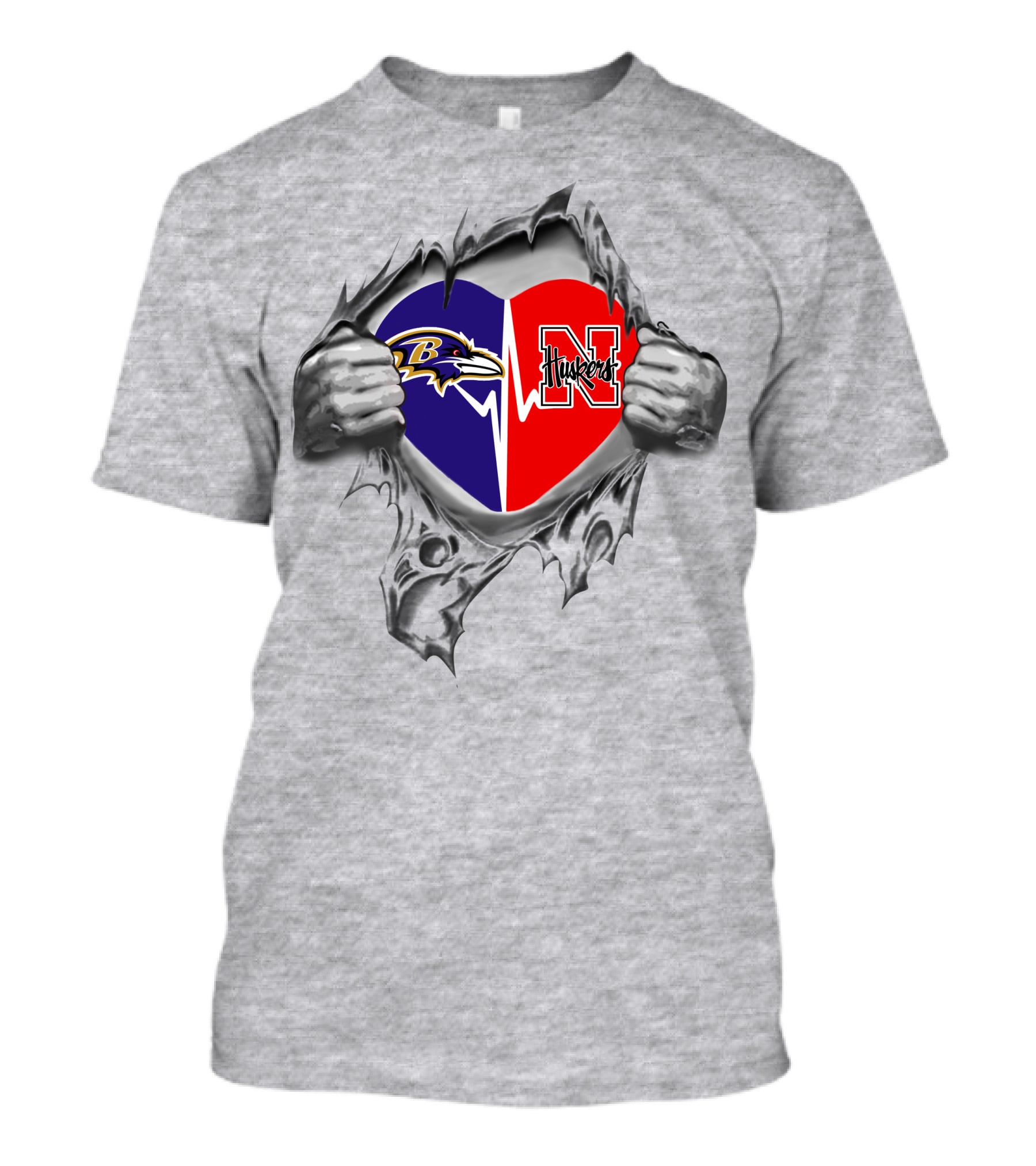 Ravens Nebraska Cornhuskers Heart Rip Logo Fusion T-Shirt