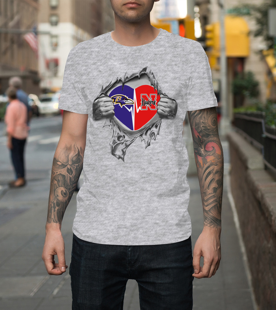 Ravens Nebraska Cornhuskers Heart Rip Logo Fusion T-Shirt
