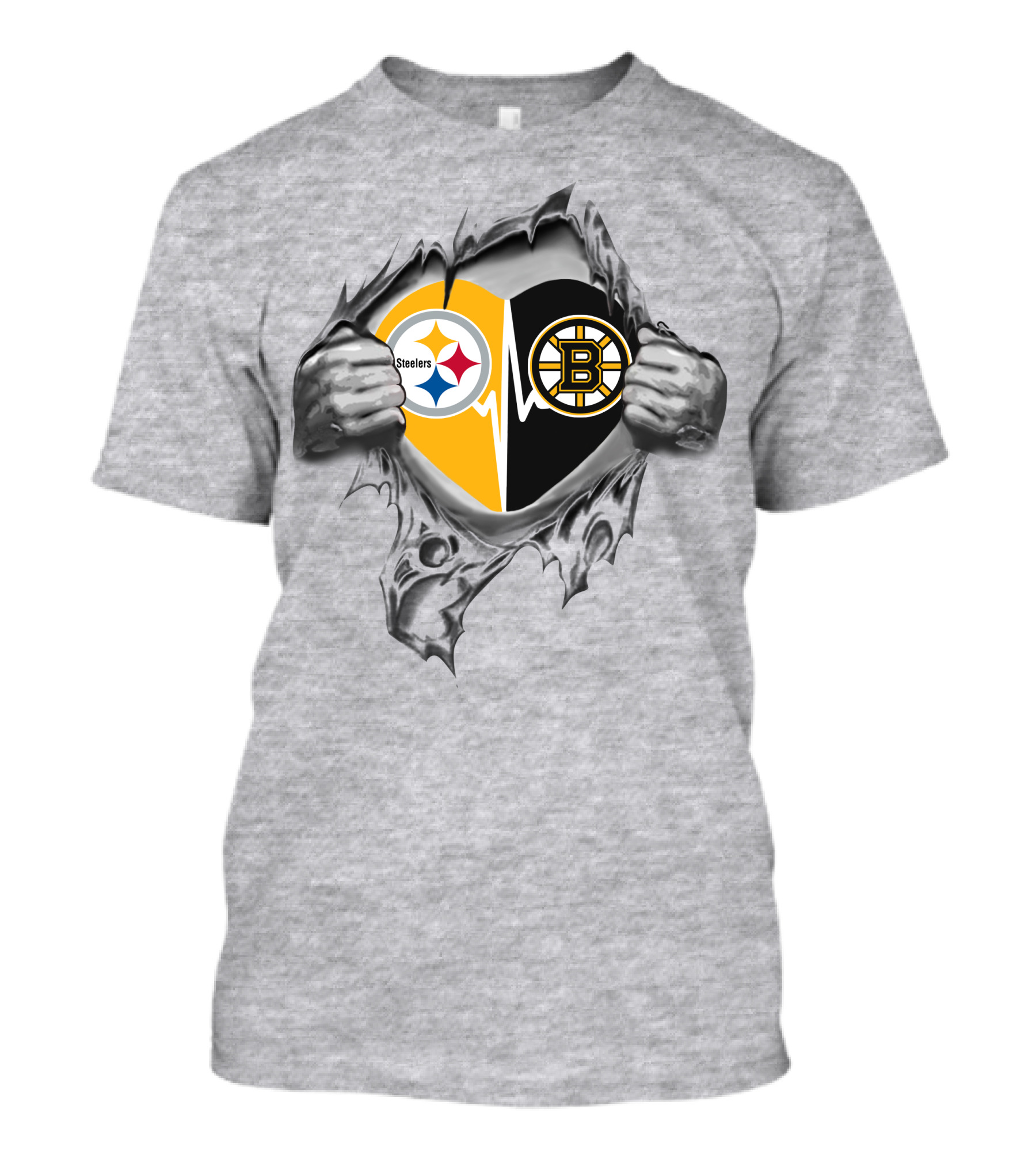 Steelers Boston Bruins Heartbeat Symbol With Team Logos T-Shirt