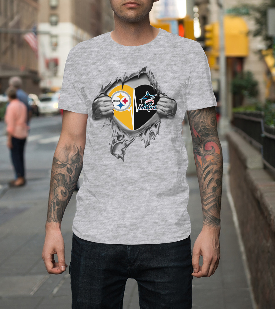 Steelers Miami Marlins Heart Logo Tear T-Shirt