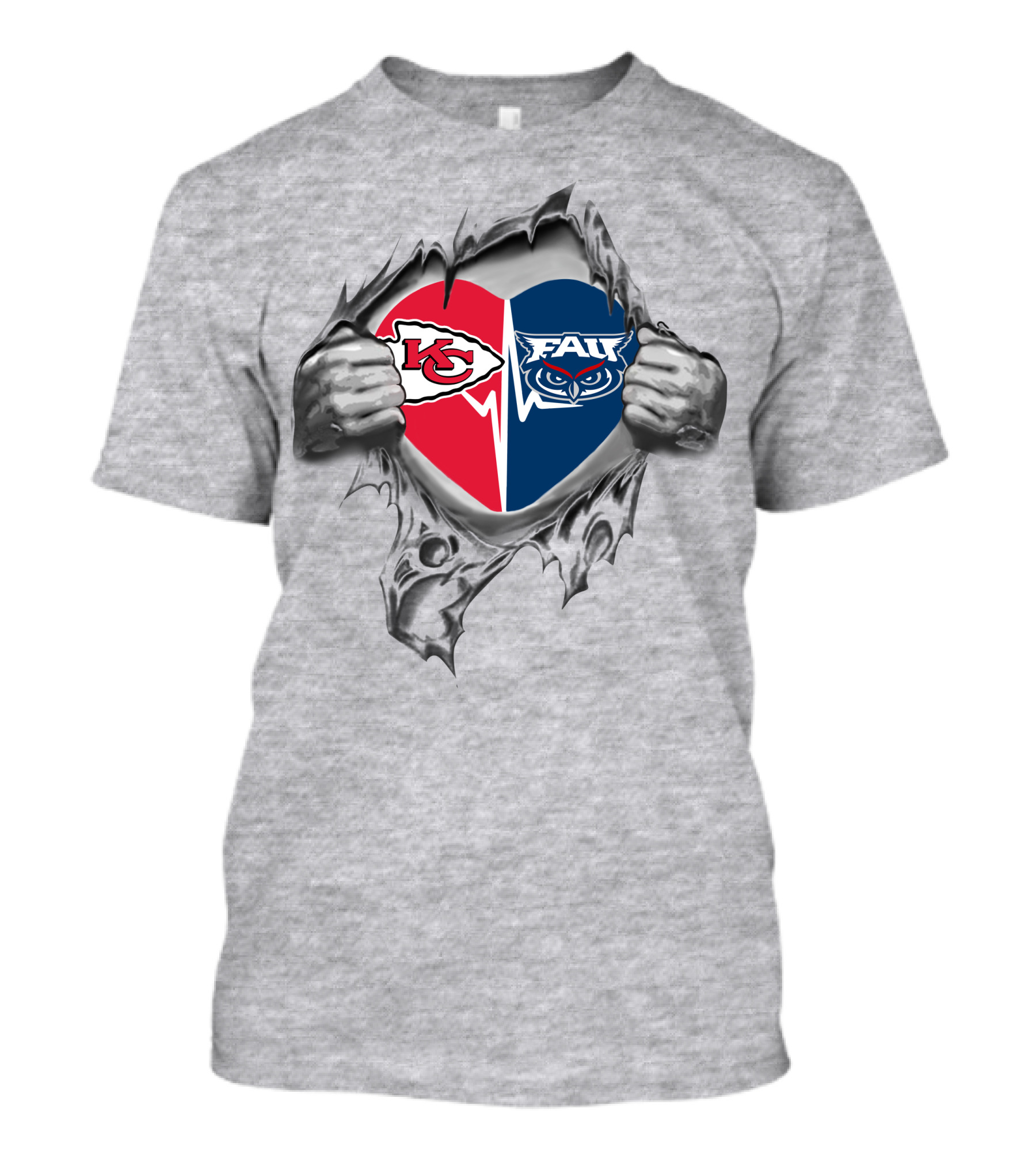 Chiefs And Florida Atlantic Owls Heart Symbol With Torn T-Shirt