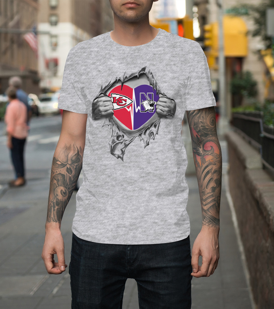 Chiefs Northwestern Wildcats Heart Design Logo Fusion T-Shirt