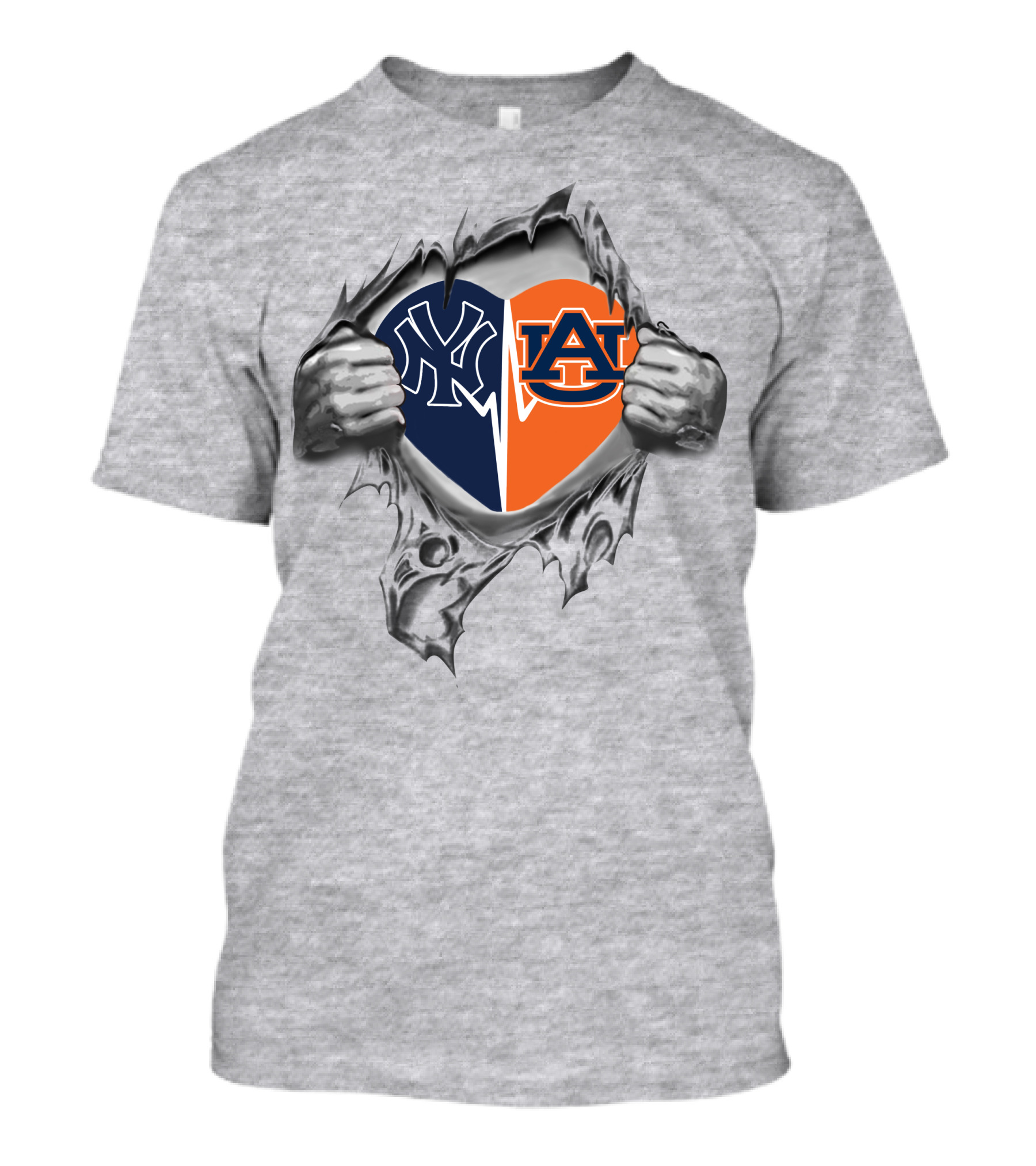 Yankees Auburn Heart Divided With Logos And Hands T-Shirt