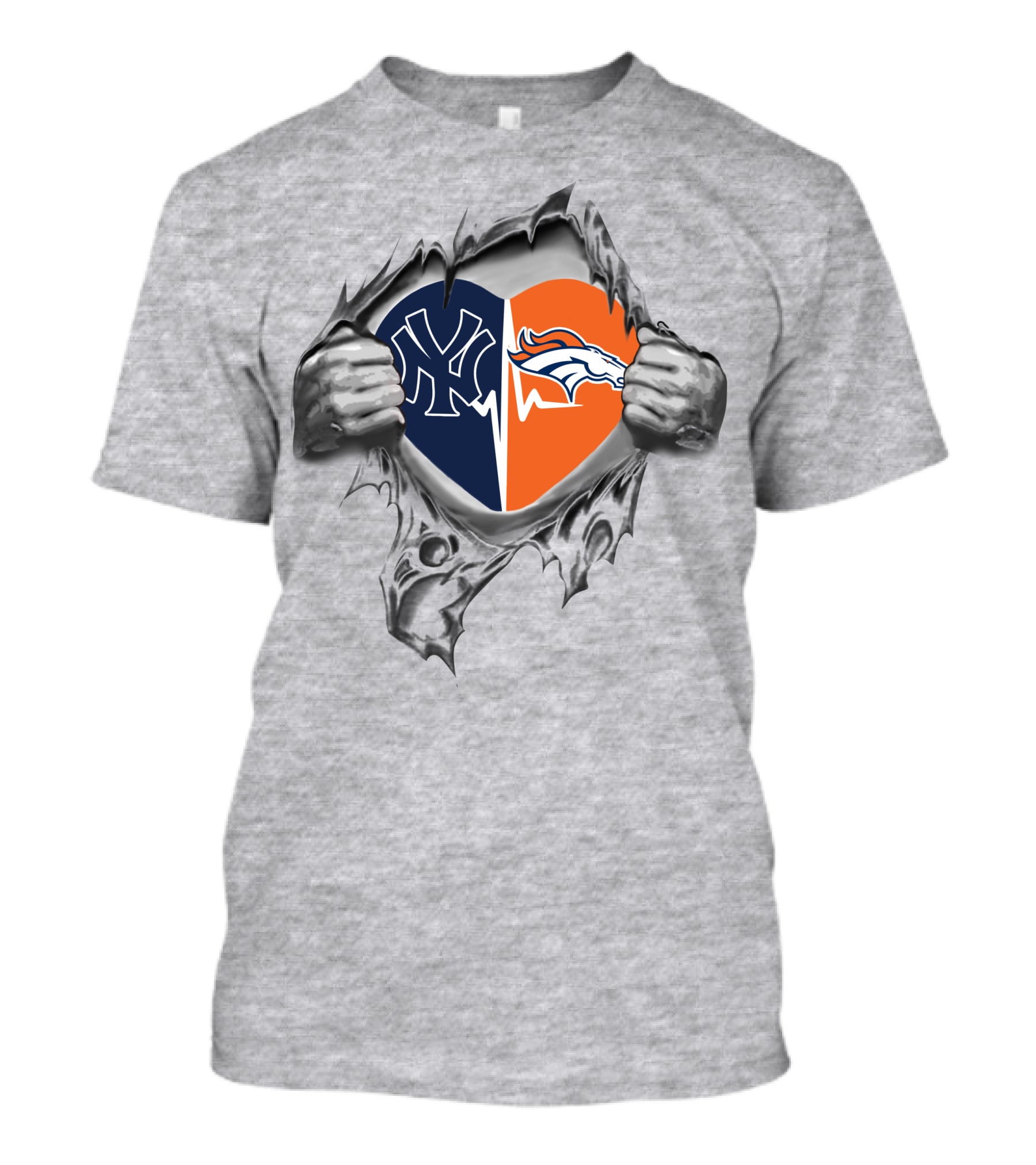 Yankees Denver Broncos Heart Logo With Ripped Effect T-Shirt