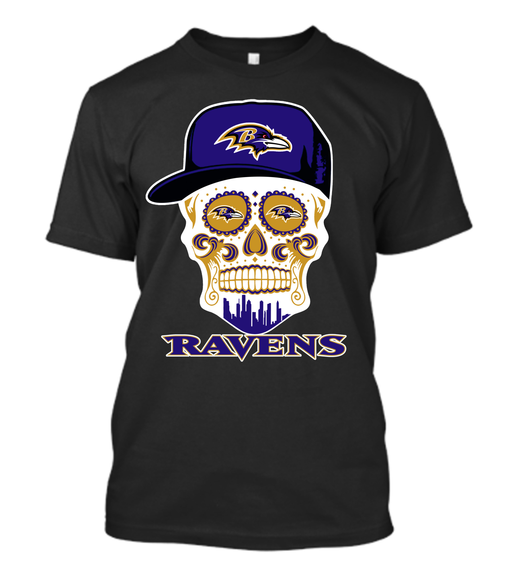Baltimore Ravens Skull With Cap And Logo Elements T-Shirt