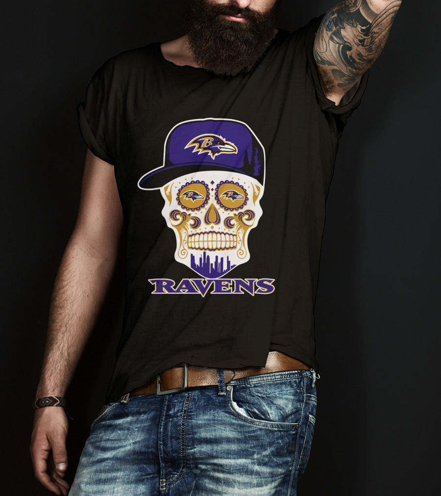 Baltimore Ravens Skull With Cap And Logo Elements T-Shirt