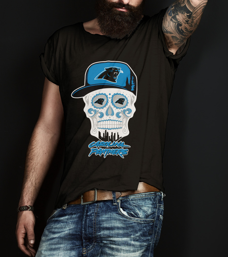 Carolina Panthers Skull With Hat And Skyline T-Shirt