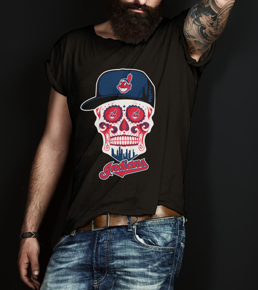 Indians Skull With Baseball Cap And Feathered Mascot T-Shirt
