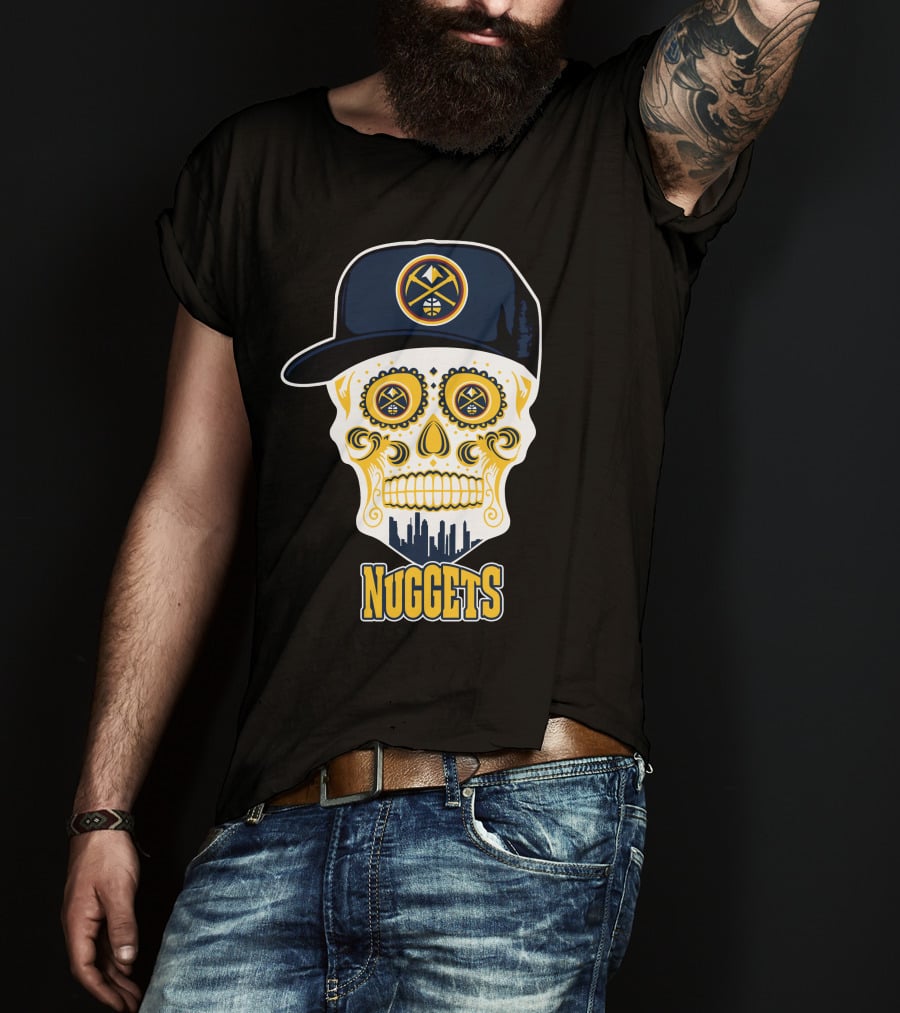 Denver Nuggets Skull Design With Cap And City Silhouette T-Shirt