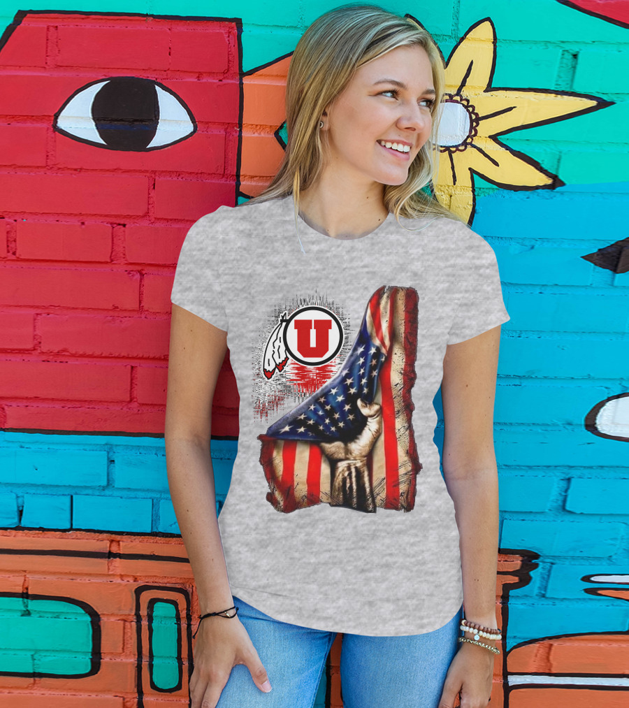 Utah Utes American Flag Background And Hand T-Shirt