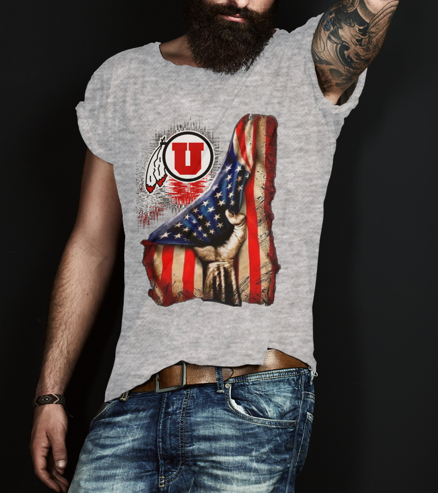 Utah Utes American Flag Background And Hand T-Shirt