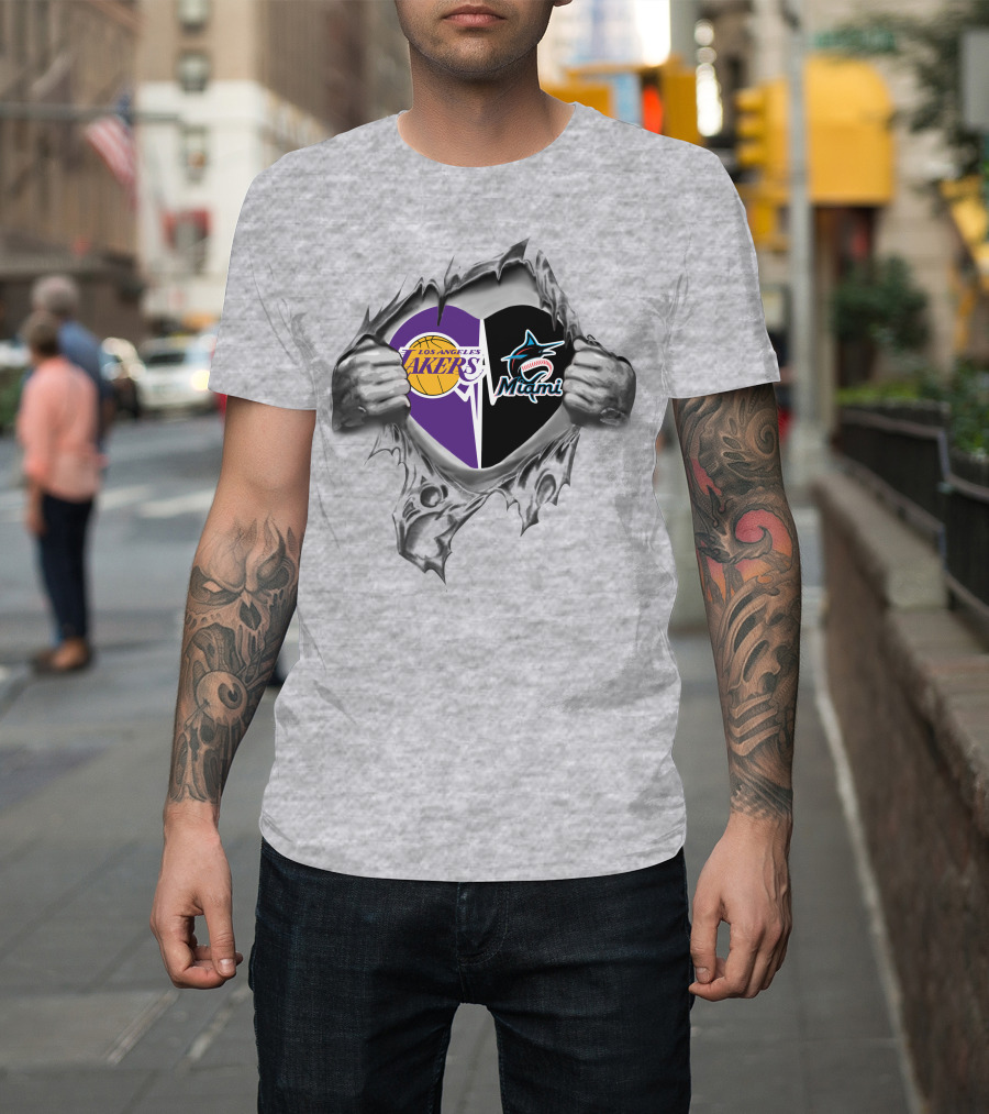 Los Angeles Lakers Miami Marlins Heart T-Shirt