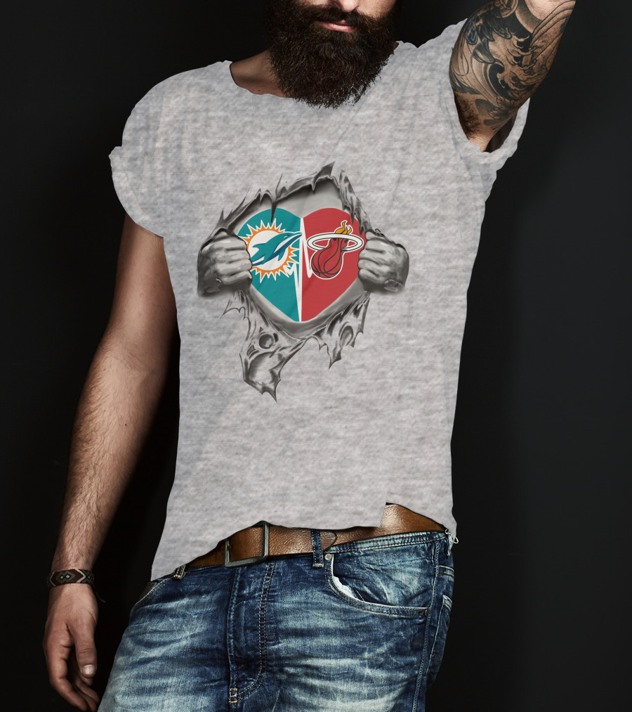 Miami Dolphins And Heat Heart Torn Open T-Shirt