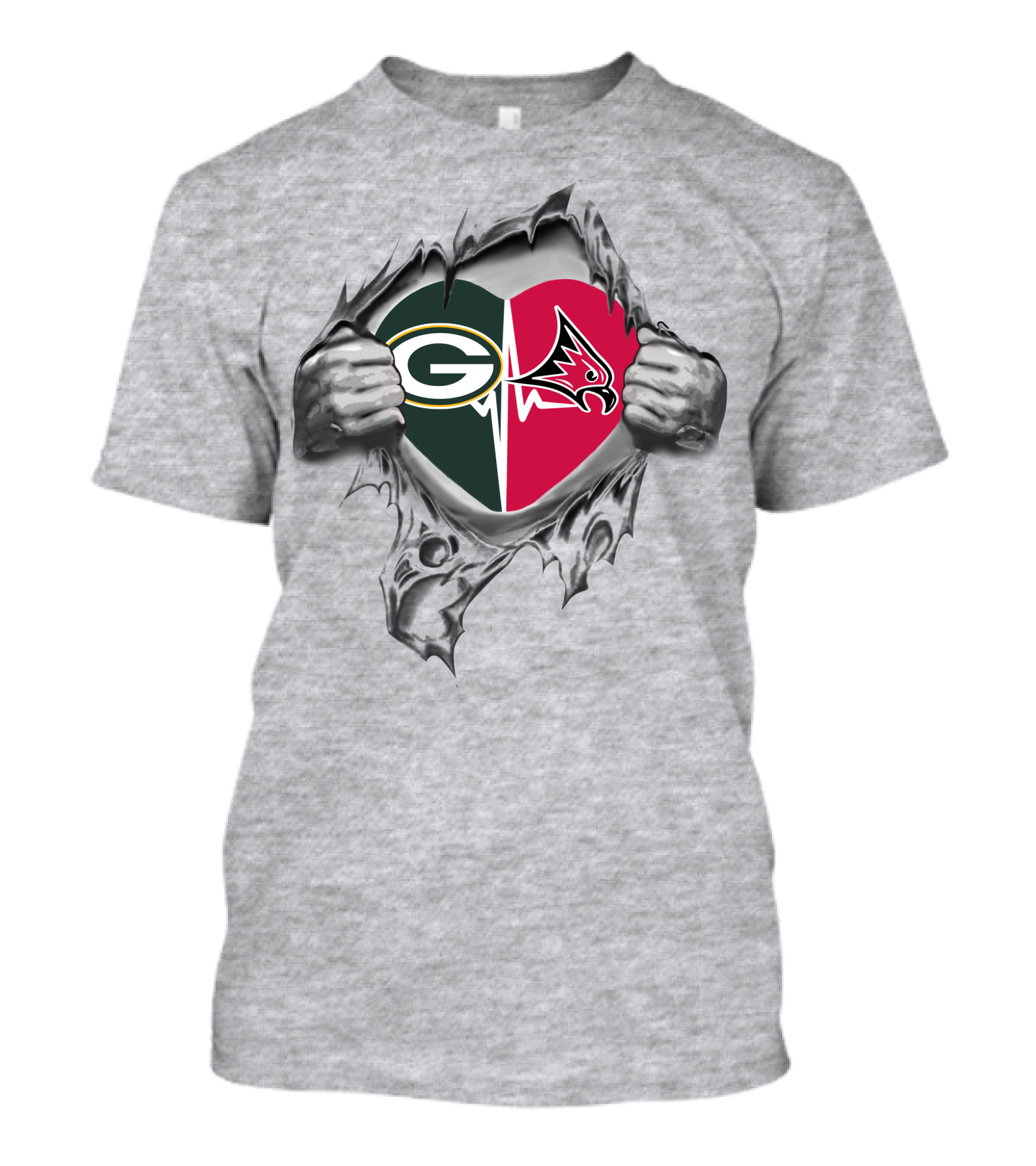 Green Bay Packers River Falls Falcons Heart Inside Torn Chest T-Shirt
